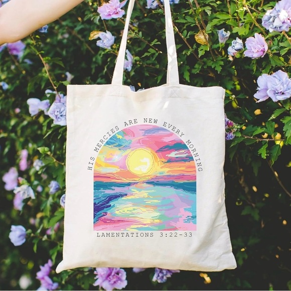 Christian Canvas Tote Bag with Colorful Sunrise Design, Interior Zip Pocket - Picture 2 of 5